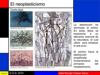Ariel Ronald Cheker ZarcoD.G.D. 201003/05/10
El neoplasticismo
La abstracción ha
dominado al artista.
En estos óleos se
representa a un
elemento esencial de
la naturaleza, el cual
utilizó para sintetizar
el arte puro.
El camino hacia la
abstracción
simplificada
fundamentaron los
principios del
neoplasticismo.
Cuarta etapa
Piet Mondrian: Red tree, 1912.
Piet Mondrian: Arbol gris, 1912.
Piet Mondrian: Arboles en flor, 1912. Piet Mondrian: Comp Arboles II., 1912.
 
