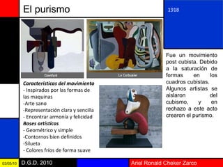 Ariel Ronald Cheker ZarcoD.G.D. 201003/05/10
El purismo
Fue un movimiento
post cubista. Debido
a la saturación de
formas en los
cuadros cubistas.
Algunos artistas se
aislaron del
cubismo, y en
rechazo a este acto
crearon el purismo.
1918
Características del movimiento
- Inspirados por las formas de
las maquinas
-Arte sano
-Representación clara y sencilla
- Encontrar armonía y felicidad
Bases artísticas
- Geométrico y simple
-Contornos bien definidos
-Silueta
- Colores fríos de forma suave
 