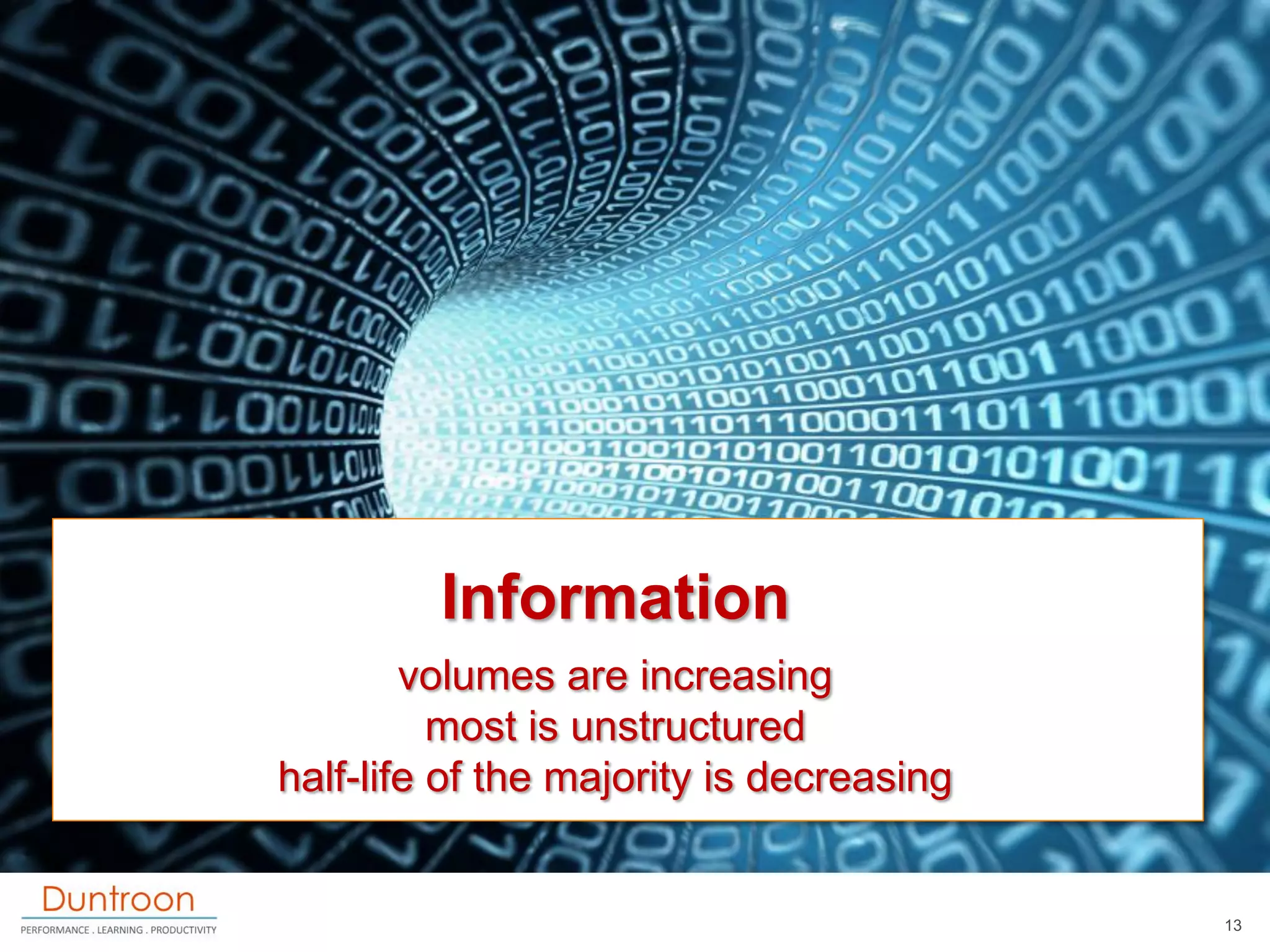 Information
        volumes are increasing
          most is unstructured
half-life of the majority is decreasing


                                          13
 
