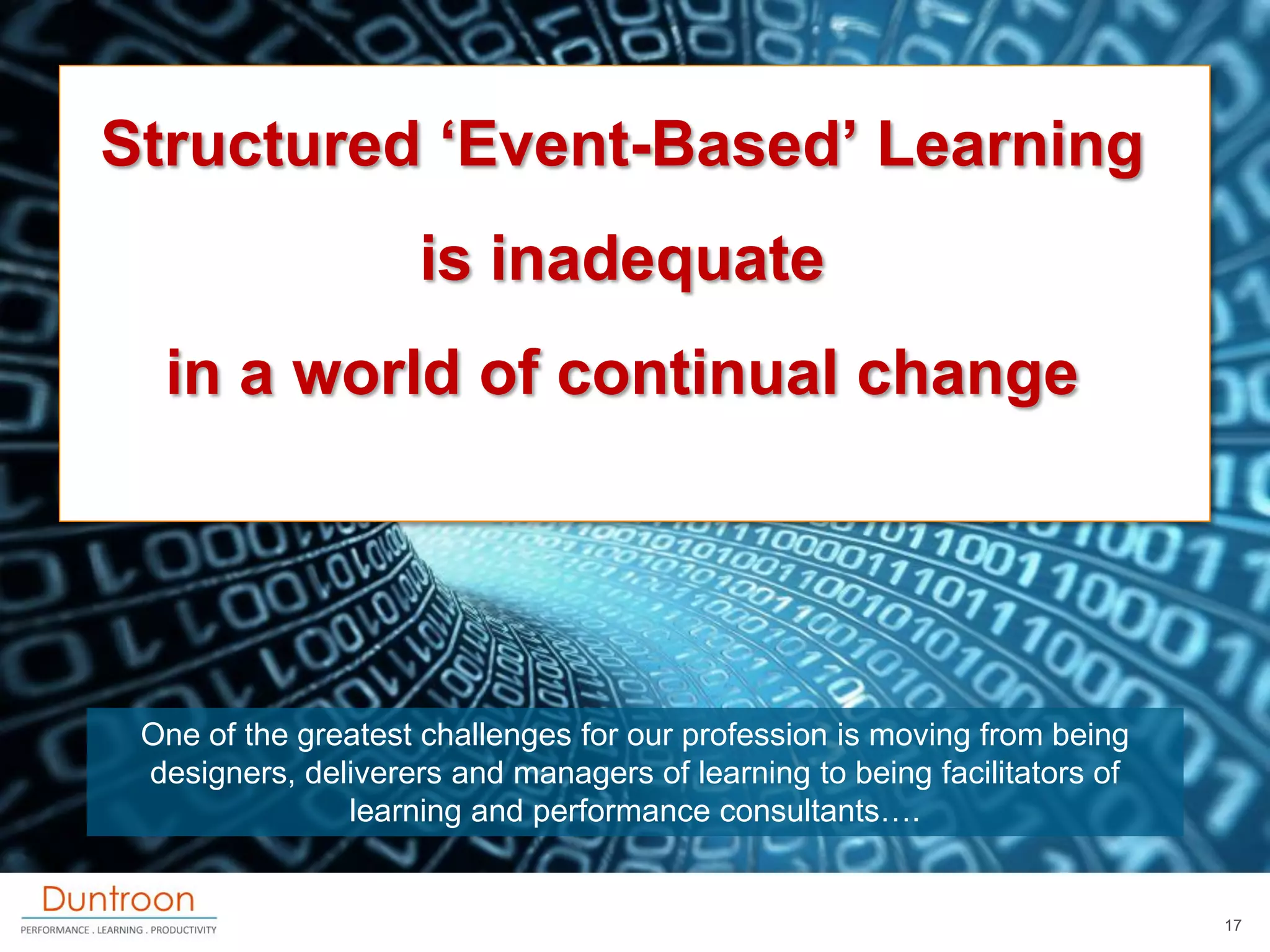 Structured „Event-Based‟ Learning
                     is inadequate
  in a world of continual change




 One of the greatest challenges for our profession is moving from being
 designers, deliverers and managers of learning to being facilitators of
               learning and performance consultants….


                                                                           17
 