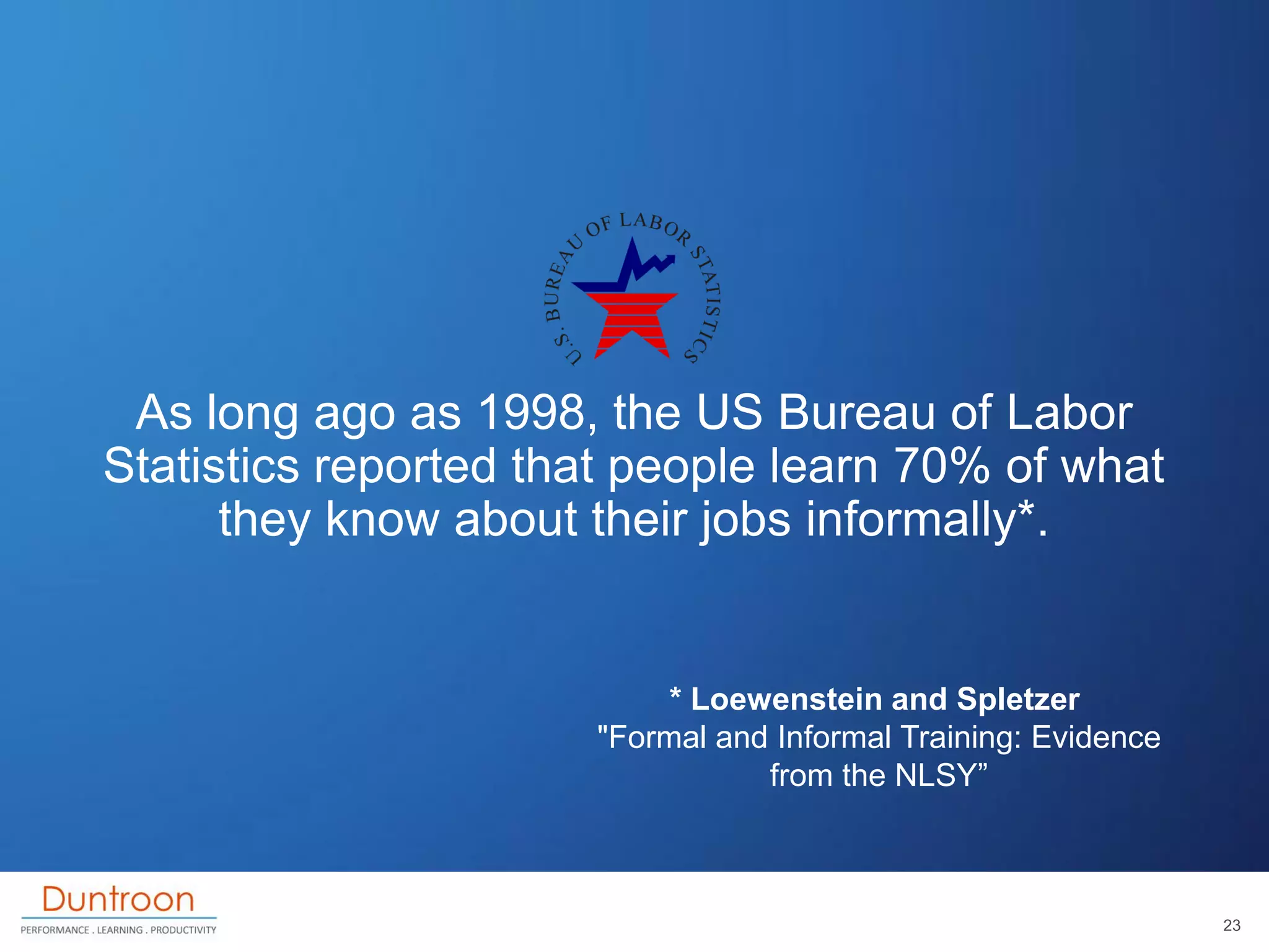 As long ago as 1998, the US Bureau of Labor
Statistics reported that people learn 70% of what
      they know about their jobs informally*.


                           * Loewenstein and Spletzer
                      "Formal and Informal Training: Evidence
                                 from the NLSY”



                                                                23
 