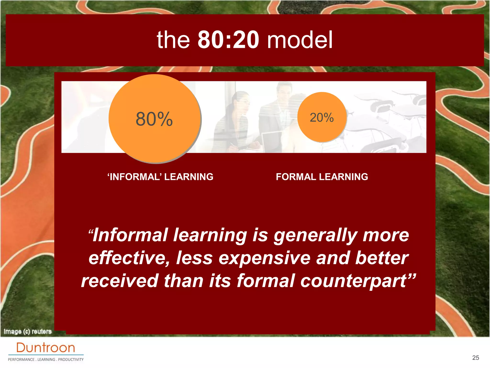 the 80:20 model


       80%                   20%



  „INFORMAL‟ LEARNING   FORMAL LEARNING




“Informal learning is generally more
 effective, less expensive and better
received than its formal counterpart”


                                          25
 