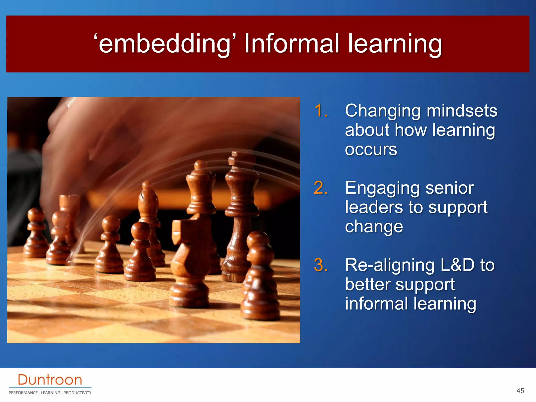 „embedding‟ Informal learning

                  1. Changing mindsets
                     about how learning
                     occurs

                  2. Engaging senior
                     leaders to support
                     change

                  3. Re-aligning L&D to
                     better support
                     informal learning



                                          45
 