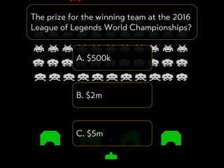 The prize for the winning team at the 2016
League of Legends World Championships?
A. $500k
B. $2m
C. $5m
 