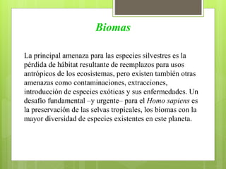 Biomas
La principal amenaza para las especies silvestres es la
pérdida de hábitat resultante de reemplazos para usos
antrópicos de los ecosistemas, pero existen también otras
amenazas como contaminaciones, extracciones,
introducción de especies exóticas y sus enfermedades. Un
desafío fundamental –y urgente– para el Homo sapiens es
la preservación de las selvas tropicales, los biomas con la
mayor diversidad de especies existentes en este planeta.
 