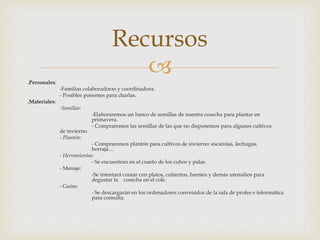 .Personales:
-Familias colaboradoras y coordinadora.
- Posibles ponentes para charlas.
.Materiales:
-Semillas:
-Elaboraremos un banco de semillas de nuestra cosecha para plantar en
primavera.
- Compraremos las semillas de las que no disponemos para algunos cultivos
de invierno.
- Plantón:
- Compraremos plantón para cultivos de invierno: escarolas, lechugas,
borraja…
- Herramientas:
- Se encuentran en el cuarto de los cubos y palas.
- Menaje:
-Se intentará contar con platos, cubiertos, fuentes y demás utensilios para
degustar la cosecha en el cole.
- Guías:
- Se descargarán en los ordenadores convenidos de la sala de profes e informática
para consulta.
Recursos
 
