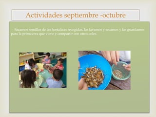 - Sacamos semillas de las hortalizas recogidas, las lavamos y secamos y las guardamos
para la primavera que viene y compartir con otros coles.
Actividades septiembre -octubre
 