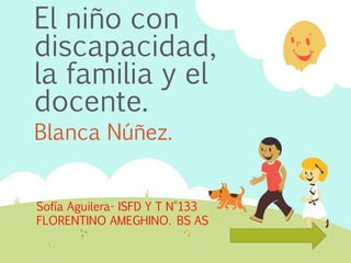 El niño con
discapacidad,
la familia y el
docente.
Blanca Núñez.
Sofía Aguilera- ISFD Y T N°133
FLORENTINO AMEGHINO. BS AS
 