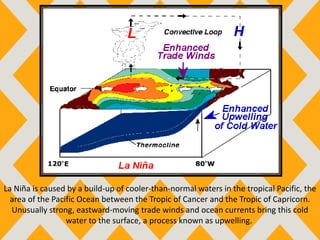 La Niña is caused by a build-up of cooler-than-normal waters in the tropical Pacific, the
area of the Pacific Ocean between the Tropic of Cancer and the Tropic of Capricorn.
Unusually strong, eastward-moving trade winds and ocean currents bring this cold
water to the surface, a process known as upwelling.
 