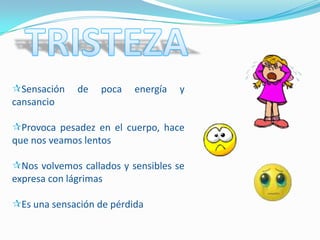 Sensación    de   poca   energía   y
cansancio

Provoca pesadez en el cuerpo, hace
que nos veamos lentos

Nos volvemos callados y sensibles se
expresa con lágrimas

Es una sensación de pérdida
 