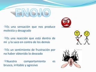 Es una sensación que nos produce
molestia y desagrado

Es una reacción que está dentro de
mí y la saco en contra de los demás

Es un sentimiento de frustración por
no haber obtenido lo deseado

Nuestro         comportamiento   es
brusco, irritable y agresivo
 