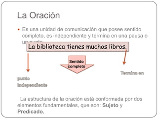 La Oración
 Es una unidad de comunicación que posee sentido
 completo, es independiente y termina en una pausa o
 un punto.
    La biblioteca tienes muchos libros.

                     Sentido
                    completo




 La estructura de la oración está conformada por dos
elementos fundamentales, que son: Sujeto y
Predicado.
 