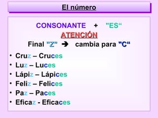 CONSONANTE + "ES“
ATENCIÓNATENCIÓN
Final "Z""Z"  cambia para "C“"C“
• Cruz – Cruces
• Luz – Luces
• Lápiz – Lápices
• Feliz – Felices
• Paz – Paces
• Eficaz - Eficaces
El númeroEl número
 