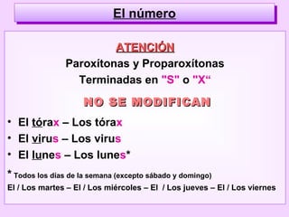 ATENCIÓNATENCIÓN
Paroxítonas y Proparoxítonas
Terminadas en "S" o "X“
NO SE MODIFICANNO SE MODIFICAN
• El tórax – Los tórax
• El virus – Los virus
• El lunes – Los lunes*
* Todos los días de la semana (excepto sábado y domingo)
El / Los martes – El / Los miércoles – El / Los jueves – El / Los viernes
El númeroEl número
 