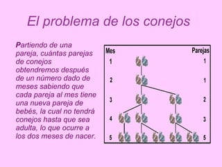 P artiendo de una pareja, cuántas parejas de conejos obtendremos después de un número dado de meses sabiendo que cada pareja al mes tiene una nueva pareja de bebés, la cual no tendrá conejos hasta que sea adulta, lo que ocurre a los dos meses de nacer.  El problema de los conejos 