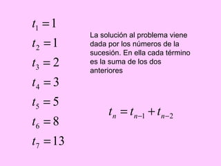 La solución al problema viene dada por los números de la sucesión. En ella cada término es la suma de los dos anteriores 