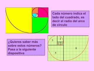 Cada número indica el lado del cuadrado, es decir el radio del arco de círculo ¿Quieres saber más sobre estos números? Pasa a la siguiente diapositiva 