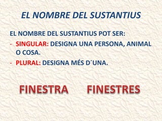 EL NOMBRE DEL SUSTANTIUS
EL NOMBRE DEL SUSTANTIUS POT SER:
- SINGULAR: DESIGNA UNA PERSONA, ANIMAL
O COSA.
- PLURAL: DESIGNA MÉS D´UNA.
 
