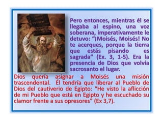 Pero entonces, mientras él se
llegaba al espino, una voz
soberana, imperativamente le
detuvo: “¡Moisés, Moisés! No
te acerques, porque la tierra
que estás pisando es
sagrada” (Ex. 3, 1-5). Era la
presencia de Dios que volvía
sacrosanto el lugar.
Dios quería asignar a Moisés una misión
trascendental. Él tendría que liberar al Pueblo de
Dios del cautiverio de Egipto: “He visto la aflicción
de mi Pueblo que está en Egipto y he escuchado su
clamor frente a sus opresores” (Ex 3,7).
 