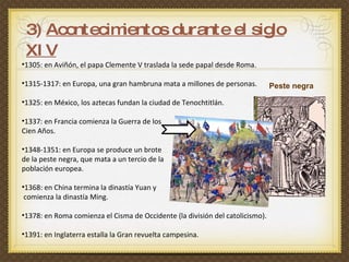 3)  Acontecimientos durante el siglo XIV 1305: en Aviñón, el papa Clemente V traslada la sede papal desde Roma.  1315-1317: en Europa, una gran hambruna mata a millones de personas.  1325: en México, los aztecas fundan la ciudad de Tenochtitlán.  1337: en Francia comienza la Guerra de los  Cien Años.  1348-1351: en Europa se produce un brote  de la peste negra, que mata a un tercio de la  población europea.  1368: en China termina la dinastía Yuan y comienza la dinastía Ming.  1378: en Roma comienza el Cisma de Occidente (la división del catolicismo).  1391: en Inglaterra estalla la Gran revuelta campesina. Peste negra 