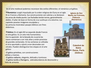 Románico:  surgió impulsado por la orden religiosa de Cluny en el siglo  XI en Francia y Alemania. Sus construcciones son sobrias y se destacan  los arcos de medio punto. Las fachadas tenían torres, generalmente dobles. El pilar de base en forma de cruz sustituye a la columna. Los capiteles poseían imágenes esculpidas y  las pinturas mostraban pasajes bíblicos con fines  didácticos.  Gótico:  En el siglo XIII se expande desde Francia  el arte gótico. Es un arte más humanístico.  Con la aparición  de la bóveda de crucería las  naves comienzan a ser más altas y están provistas  de grandes ventanales. En las ventanas se utilizaba  el arco apuntado u ojival y eran decoradas con  vitrales. Pueden distinguirse tres etapas en el arte  gótico: Iglesia de San Martín de Frómista, Palencia  (Románico) - El gótico primitivo , con construcciones  sólidas y macizas. -  El gótico radiante , elegante, delicado y luminoso. -  El gótico tardío o flamígero ,  sobreabundancia de decoración y falta de armonía Catedral de  Notre  Dame, París  (Gótico) En el arte medieval podemos reconocer dos estilos diferentes: el románico y el gótico.  