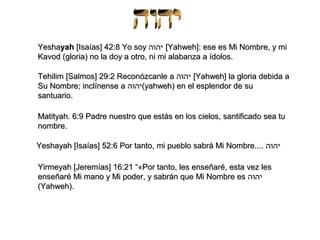 Yeshayah [Isaías] 42:8 Yo soy ‫[ יהוה‬Yahweh]: ese es Mi Nombre, y mi
Kavod (gloria) no la doy a otro, ni mi alabanza a ídolos.

Tehilim [Salmos] 29:2 Reconózcanle a ‫[ יהוה‬Yahweh] la gloria debida a
Su Nombre; inclínense a ‫(יהוה‬yahweh) en el esplendor de su
santuario.

Matityah. 6:9 Padre nuestro que estás en los cielos, santificado sea tu
nombre.

Yeshayah [Isaías] 52:6 Por tanto, mi pueblo sabrá Mi Nombre.... ‫יהוה‬

Yirmeyah [Jeremías] 16:21 “«Por tanto, les enseñaré, esta vez les
enseñaré Mi mano y Mi poder, y sabrán que Mi Nombre es ‫יהוה‬
(Yahweh).
 