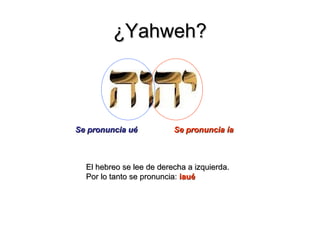 ¿Yahweh?



Se pronuncia ué           Se pronuncia ía



  El hebreo se lee de derecha a izquierda.
  Por lo tanto se pronuncia: iaué
 