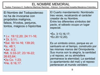 9
EL NOMBRE MEMORIAL
Textos: Francisco C. Guillermo Martínez Ramírez – Edicion: Comunidad Israelita Mesiánica Colombia
El Nombre del Todopoderoso
no ha de invocarse con
propósitos malignos,
falsos, frívolos, perjuros,
tontos, mágicos o hipócritas
➔
Lv. 19:12,20; 24:11-16;
➔
Dt. 5:11;
➔
Sal. 50:14-16; 139:20;
➔
Is. 48:1;
➔
Jer. 4:2;
➔
Mt. 5:33-37; 23:16-22;
26:63,64;
➔
2a Co. 1:23;
➔
He. 6:16,17.
El Cuarto mandamiento: Nombrado
tres veces, recalcando el carácter
creador de su Nombre.
Entre los diferentes símbolos del
pacto, el sábado ocupa un lugar
especial.
➔
Éx. 3:13,16,17;
➔
Ez.20:12,20).
Es un símbolo único, porque es un
santuario en el tiempo, construido por
las mismas manos del Omnipotente.
Sus muros son la alegría, la santidad
y el reposo, en su atmósfera
permanece la eternidad. La santidad
(o apartamiento del mal) y el reposo
pertenecen al mundo venidero
 