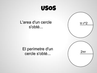 USOS

L'area d'un cercle   π·r^2
     s'obté...




 El perímetre d'un
                     2πr
  cercle s'obté...
 