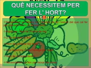  Necessitem un terreny bo i haurem de fer l’estudi del que cal fer per convertir-lo en un terreny fèrtil.   Aigua per regar-lo. Forma de reg  Li ha de tocar el Sol  Hem de comprar les eines  Una regadora o una mànega per regar  Hem de comprar llavors  Necessitarem un lloc per deixar les eines 