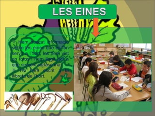 Hem buscat informació sobre les eines que es fan servir a l’hort, les hem vist en fotos i hem llegit per a què serveix cadascuna.  Ho hem escrit a la llibreta de l’hort. 