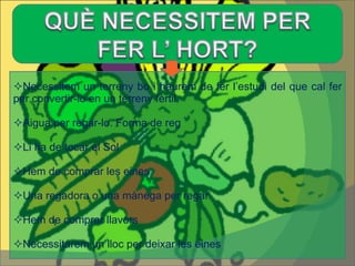  Necessitem un terreny bo i haurem de fer l’estudi del que cal fer per convertir-lo en un terreny fèrtil.   Aigua per regar-lo. Forma de reg  Li ha de tocar el Sol  Hem de comprar les eines  Una regadora o una mànega per regar  Hem de comprar llavors  Necessitarem un lloc per deixar les eines 