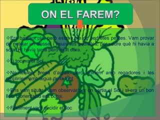  Era bastant pla, però estava ple de pedretes petites. Vam provar de netejar un trosset i treure les pedretes, per veure què hi havia a sota. Hi havia terra però molt dura.  Li tocava el Sol  No teníem presa d’aigua, però aniríem amb regadores i les ompliríem amb aigua de la font  Ens vam situar i vam observar per on sortia el Sol i si era un bon lloc. L’orientació era bona.  Finalment vam decidir el lloc 