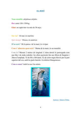 EL DOFÍ



Nom científic: delphinus delphis.

Pes: entre 150 i 350 kg.

Edat: en captivitat viu més de 30 anys.



On viu? Al mar; és marítim.

Què menja? Peixos; és carnívor.

D’on neix? De la panxa de la mare; és vivípar.

Com s’ alimenta quan neix? Mama de la mare; és un mamífer.

Com és? Mesura 2 metres de longitud. L’aleta dorsal és punxeguda com
una falç i de mida reduïda i les altres pectorals fan uns 60cm de llargària i
20cm d’amplada. Té de 80 a 100 dents. És de color negre blavós per la part
superior del cos, amb les parts laterals i la inferior blanquinoses.

Com es mou? Amb la cua i les aletes.




                                                      Autores: Ainara i Irina.



                                     4
 