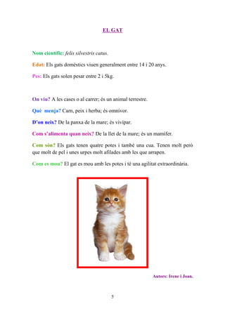 EL GAT



Nom científic: felis silvestris catus.

Edat: Els gats domèstics viuen generalment entre 14 i 20 anys.

Pes: Els gats solen pesar entre 2 i 5kg.



On viu? A les cases o al carrer; és un animal terrestre.

Què menja? Carn, peix i herba; és omnívor.

D’on neix? De la panxa de la mare; és vivípar.

Com s’alimenta quan neix? De la llet de la mare; és un mamífer.

Com són? Els gats tenen quatre potes i també una cua. Tenen molt però
que molt de pel i unes urpes molt afilades amb les que arrapen.

Com es mou? El gat es mou amb les potes i té una agilitat extraordinària.




                                                           Autors: Irene i Joan.



                                         5
 