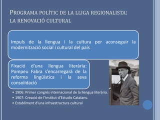 PROGRAMA POLÍTIC DE LA LLIGA REGIONALISTA:
LA RENOVACIÓ CULTURAL


Impuls de la llengua i la cultura per aconseguir la
modernització social i cultural del país


Fixació d’una llengua literària:
Pompeu Fabra s’encarregarà de la
reforma lingüística i la seva
consolidació
• 1906: Primer congrés internacional de la llengua literària.
• 1907: Creació de l’Institut d’Estudis Catalans.
• Establiment d’una infraestructura cultural
 