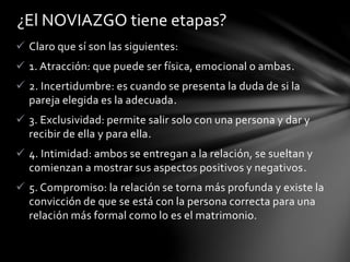  Claro que sí son las siguientes:
 1. Atracción: que puede ser física, emocional o ambas.
 2. Incertidumbre: es cuando se presenta la duda de si la
pareja elegida es la adecuada.
 3. Exclusividad: permite salir solo con una persona y dar y
recibir de ella y para ella.
 4. Intimidad: ambos se entregan a la relación, se sueltan y
comienzan a mostrar sus aspectos positivos y negativos.
 5. Compromiso: la relación se torna más profunda y existe la
convicción de que se está con la persona correcta para una
relación más formal como lo es el matrimonio.
¿El NOVIAZGO tiene etapas?
 