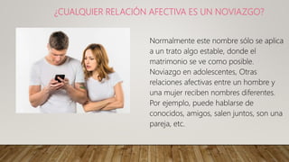 ¿CUALQUIER RELACIÓN AFECTIVA ES UN NOVIAZGO?
Normalmente este nombre sólo se aplica
a un trato algo estable, donde el
matrimonio se ve como posible.
Noviazgo en adolescentes, Otras
relaciones afectivas entre un hombre y
una mujer reciben nombres diferentes.
Por ejemplo, puede hablarse de
conocidos, amigos, salen juntos, son una
pareja, etc.
 