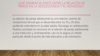 ¿QUÉ DIFERENCIA EXISTE ENTRE LA RELACIÓN DE
PAREJA EN LA ADOLESCENCIA Y EL NOVIAZGO?
La relación de pareja adolescente es una relación carente de
compromiso formal que se desarrolla entre los 10 y 20 años
pudiendo extenderse en la edad adulta. Noviazgo en adolescentes,
Nuestra sociedad no reconoce en la relación de pareja adolescente
a una institución y, erróneamente, casi no le asigna un interés
particular desde el punto de vista educativo y de orientación.
 