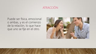 ATRACCIÓN
Puede ser física, emocional
o ambas, y es el comienzo
de la relación, lo que hace
que uno se fije en el otro.
 