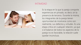 INTIMIDAD
Es la etapa en la que la pareja comparte
experiencias en privado, es decir, sin la
presencia de terceros. Durante la misma,
los integrantes de la pareja tienen
oportunidad de mostrarse como son
realmente, sus defectos y virtudes. Es una
etapa crítica en cualquier relación, ya que
si el balance de todos los aspectos de la
pareja no es favorable, la relación suele
quedar inconclusa.
 