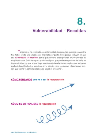 INSTITUTO ANDALUZ DE LA MUJER
8.
Vulnerabilidad - Recaídas
Tal como se ha explicado con anterioridad, las secuelas que deja en vuestra
hija haber vivido una situación de maltrato por parte de su pareja, influyen en que
sea vulnerable a las recaídas, por lo que ayudarla a recuperarse en profundidad es
muy importante. Solicitar ayuda profesional para que pueda recuperarse del daño es
imprescindible, ya que el que haya abandonado la relación no implica que se hayan
acabado las dificultades, siendo un error común entre los padres y las madres pen-
sar que “como ya cortó la relación se acabó el problema”.
CÓMO PENSAMOS que va a ser la recuperación
CÓMO ES EN REALIDAD la recuperación
 