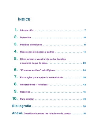 ÍNDICE
	1.	 Introducción . . . . . . . . . . . . . . . . . . . . . . . . . . . . . . . . . . . .  7
	2.	 Detección . . . . . . . . . . . . . . . . . . . . . . . . . . . . . . . . . . . . . . 10
	3.	 Posibles situaciones . . . . . . . . . . . . . . . . . . . . . . . . . . . . . .  11
	4.	 Reacciones de madres y padres . . . . . . . . . . . . . . . . . . . . . 14
	5.	Cómo actuar si vuestra hija se ha decidido
		 a contaros lo que le pasa . . . . . . . . . . . . . . . . . . . . . . . . . . 20
	6.	“Primeros auxilios” psicológicos . . . . . . . . . . . . . . . . . . . . 24
	7.	Estrategias para apoyar la recuperación . . . . . . . . . . . . .  26
	8.	 Vulnerabilidad - Recaídas . . . . . . . . . . . . . . . . . . . . . . . . .  42
	9.	Recursos . . . . . . . . . . . . . . . . . . . . . . . . . . . . . . . . . . . . . .  45
	10.	 Para ampliar . . . . . . . . . . . . . . . . . . . . . . . . . . . . . . . . . . .  49
Bibliografía . . . . . . . . . . . . . . . . . . . . . . . . . . . . . . . . . . . . .  50
Anexo. Cuestionario sobre las relaciones de pareja . . . . . . . . . 51
	
 
