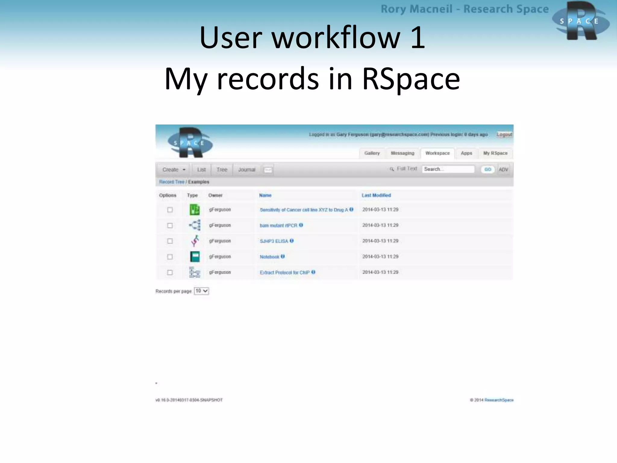 User workflow 1
My records in RSpace
 