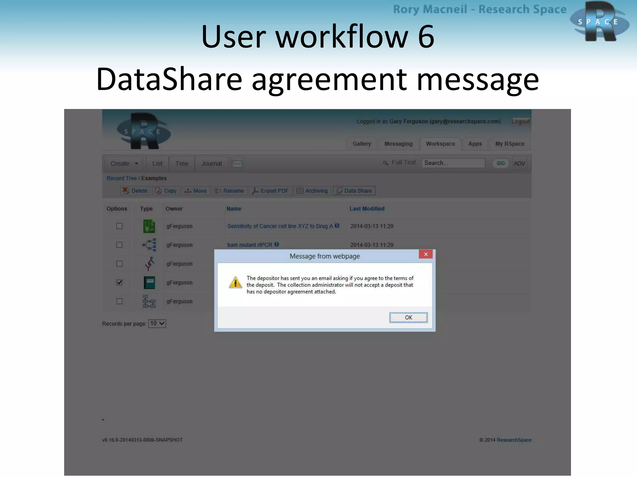 User workflow 6
DataShare agreement message
 
