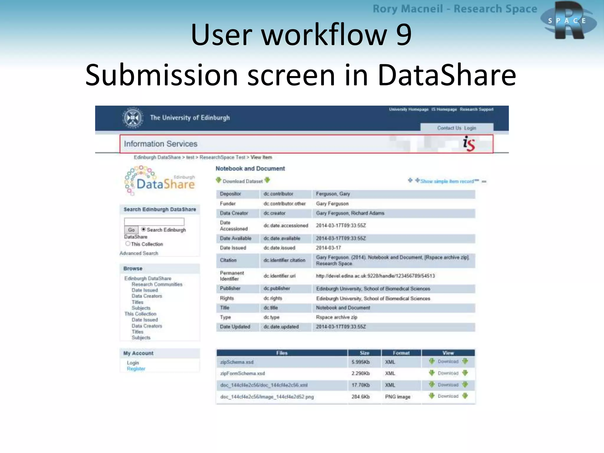 User workflow 9
Submission screen in DataShare
 