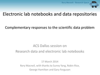 Electronic lab notebooks and data repositories
Complementary responses to the scientific data problem
ACS Dallas session on
Research data and electronic lab notebooks
17 March 2014
Rory Macneil, with thanks to Sunny Yang, Robin Rice,
George Hamilton and Gary Ferguson
 