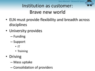 Institution as customer:
Brave new world
• ELN must provide flexibility and breadth across
disciplines
• University provides
– Funding
– Support
• IT
• Training
• Driving
– Mass uptake
– Consolidation of providers
 