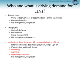 Who and what is driving demand for
ELNs?
• Researchers
– Utility and convenience of paper lab book + online capabilities
– On multiple devices
– File management/integration
• Groups/PIs
– Controlled sharing
– Collaboration
– Group management
– File management/integration
• Institutions: Data librarians, IT, commercialisation offices
– Enterprise features: Scalable deployment, Single Sign On
– IP protection: audit trail, signing
– Publishing
– Archiving
– Repository integration
– File management/integration
 