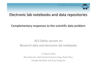 Electronic lab notebooks and data repositories
Complementary responses to the scientific data problem
ACS Dallas session on
Research data and electronic lab notebooks
17 March 2014
Rory Macneil, with thanks to Sunny Yang, Robin Rice,
George Hamilton and Gary Ferguson
 